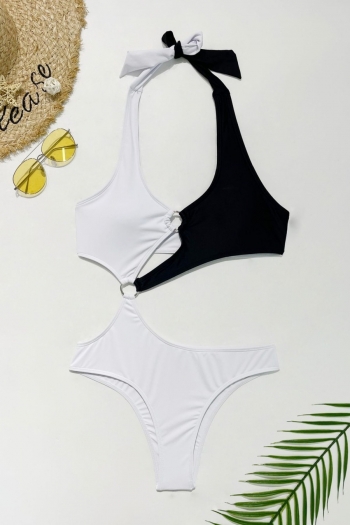 new padded contrast color halter-neck hollow metal ring decor sexy one-piece swimsuit