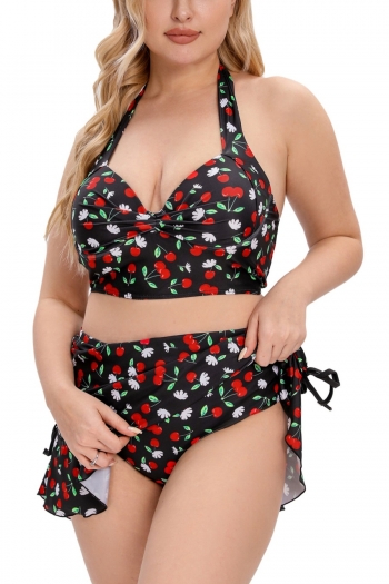 l-5xl plus size new cherry & floral batch printing underwire halter-neck shirrning backless stylish sexy two-piece swimsuit with short drawstring skirt