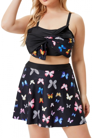 l-5xl plus size butterfly batch printing padded double straps crossed design stylish sexy two-piece bikini with short butterfly printing skirt