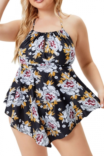 l-5xl plus size floral batch printing padded shirring halter-neck a-line dress style stylish sexy two-piece swimsuit
