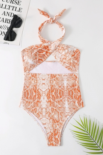 new snake batch printing padded halter-neck crossed design hollow stylish sexy one-piece swimsuit