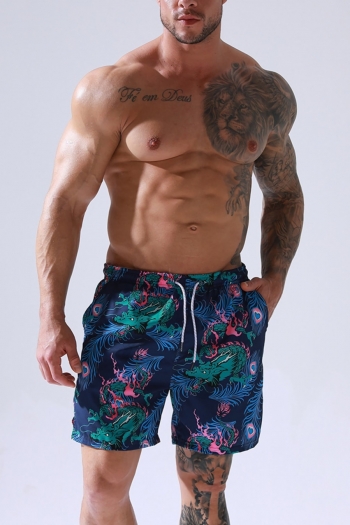 men's new chinese dragon batch printing quick dry waist-tie pockets flat angle beach stylish swim shorts