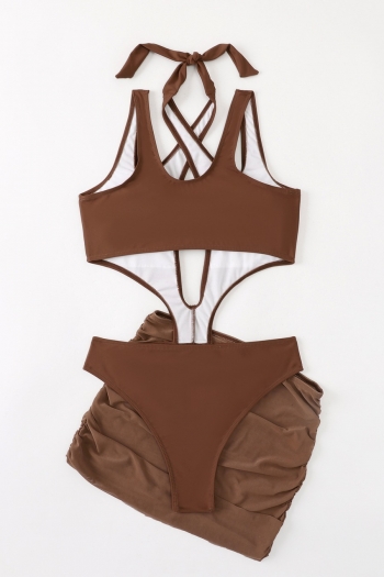 New solid color padded hollow halter-neck lace-up sexy one-piece bikini with mesh mini beach skirt