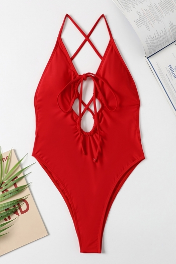 New solid color padded backless self-tie sexy hot one-piece bikini