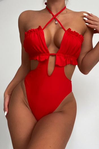 New solid color padded hollow halter-neck lace-up frill trim sexy one-piece bikini