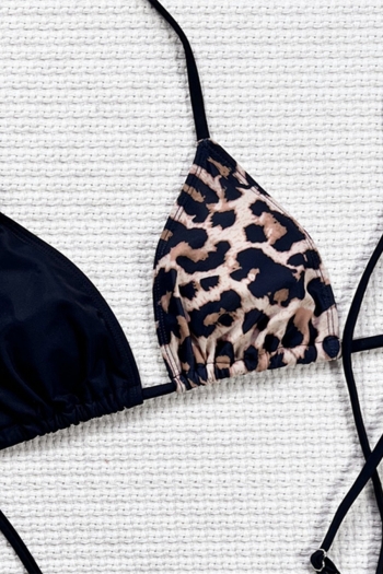 New leopard and black spliced padded halter-neck self-tie triangle sexy two-piece bikini 