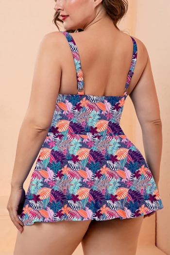 M-4XL plus size floral & leaf batch printing padded double shoulder straps dress style two-piece swimsuit