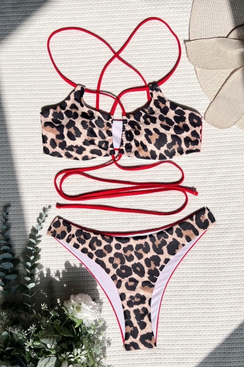New leopard and red spliced padded hollow tied sexy hot two-piece bikini