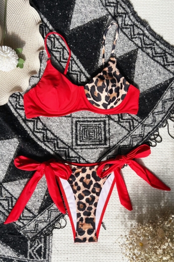 New leopard and red spliced padded underwire adjustable straps tied sexy two-piece swimwear