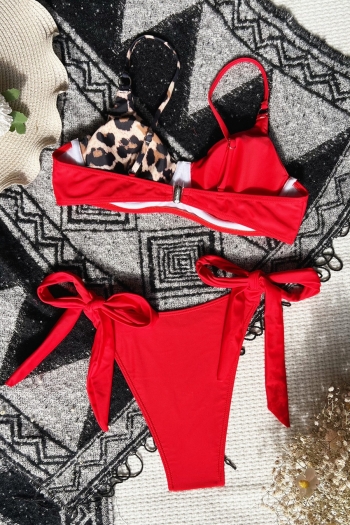New leopard and red spliced padded underwire adjustable straps tied sexy two-piece swimwear