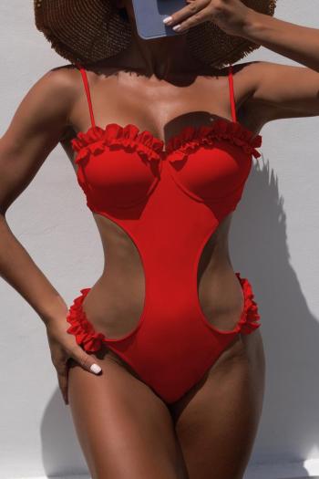 sexy pure color padded hollow ruffle one-piece swimsuit(new added colors)