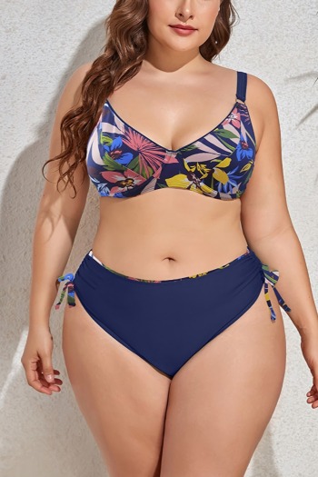 l-4xl plus size floral printing patchwork underwire unpadded adjustable straps metallic-ring connected lace up stylish sexy two-piece bikini
