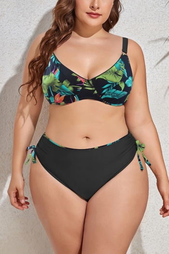 l-4xl plus size leaf printing patchwork underwire unpadded adjustable straps metallic-ring connected lace up stylish retro two-piece bikini