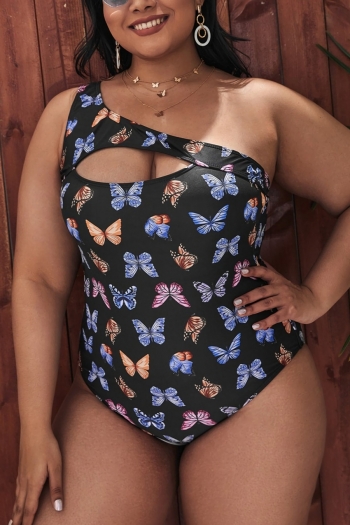 l-4xl plus size new butterfly batch printng padded one shoulder hollow stylish sexy one-piece swimsuit