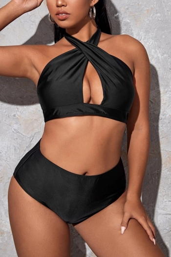 l-4xl plus size solid color padded halter-neck crossed design lace up stylish sexy two-piece bikini