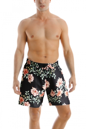 dad parent-child floral & leaf batch printing quick dry waist-tie stylish beach swim shorts
