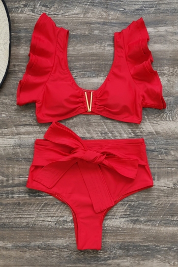 new two colors pure color padded ruffle tie-waist sexy high quality two-piece swimwear