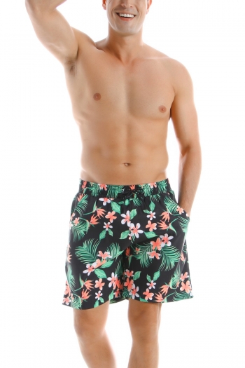dad parent-child floral & leaf batch printing waist-tie fast dry pockets stylish beach swim shorts