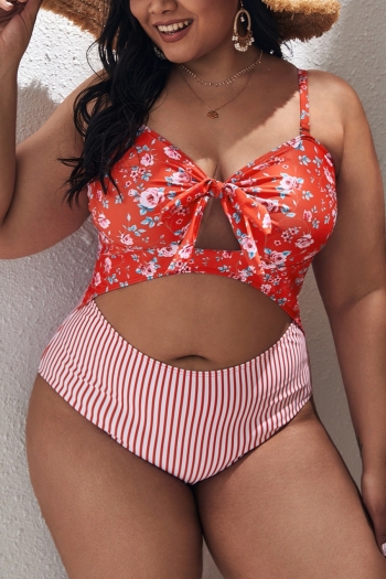 l-4xl plus size new floral & stripe printing patchwork padded double shoulder straps hollow lace up stylish pretty one-piece swimsuit