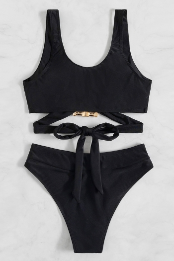 Pure color padded gold ring linked tied sexy two-piece swimwear