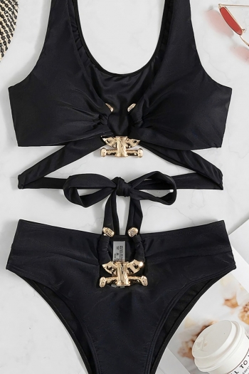 Pure color padded gold ring linked tied sexy two-piece swimwear