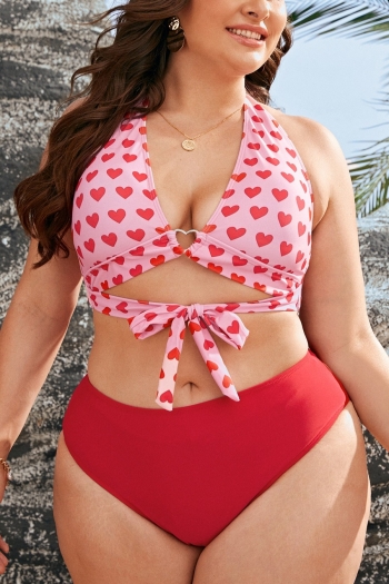 l-4xl plus size new 2 colors heart shape pattern printing  padded metallic-ring connected lace up stylish sweet two-piece bikini