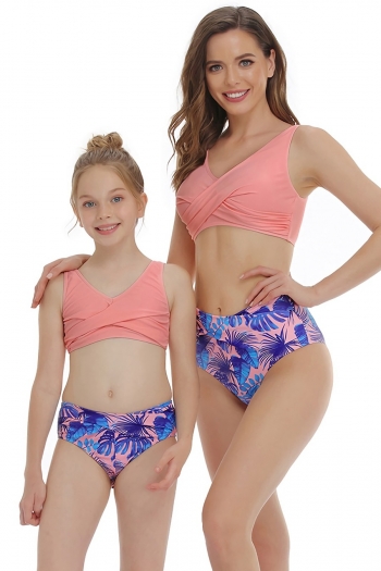 mom parent-child new leaf batch printing padded crossed design stylish sexy two-piece swimwear