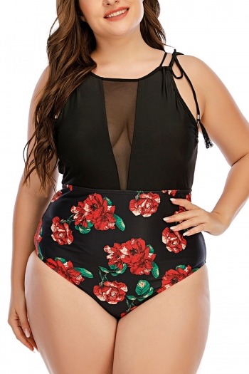 l-4xl plus size mesh floral printing patchwork padded lace up tassel decor slim stylish sexy one-piece swimsuit