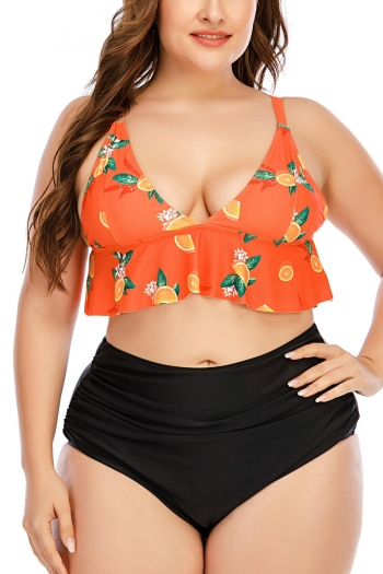 l-5xl plus size orange & leaf printing padded double shoulder straps high waist stylish sexy two-piece bikini