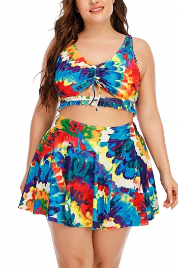 l-5xl plus size new tie-dye batch printing padded strappy hollow lace up frill trim panties lining spliced dress style two-piece tankini