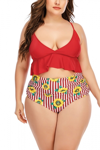 l-5xl plus size new 3 colors floral & stripe printing padded double shoulder straps high waist stlish sexy two-piece swimsuit