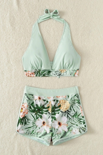 new floral & leaf batch printing padded halter-neck lace up high waist flat angle stylish sexy two-piece swimsuit