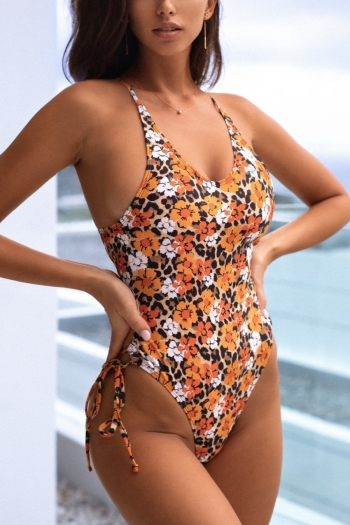 new floral & leopard batch printing padded backless self-tie sexy hot one-piece swimwear