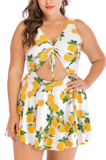 xl-5xl plus size lemon & floral & leaf batch printing padded strappy hollow lace up panties lining spliced dress style one-piece swimsuit