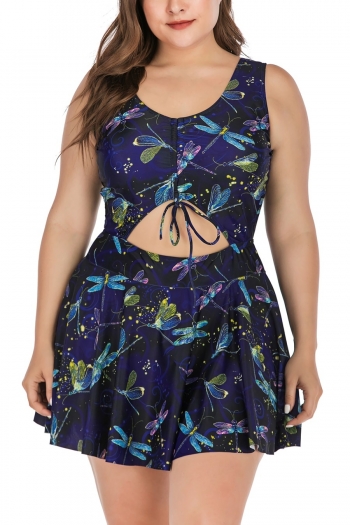 xl-5xl plus size new dragonfly batch printing padded strappy hollow lace up panties lining spliced dress style one-piece swimsuit