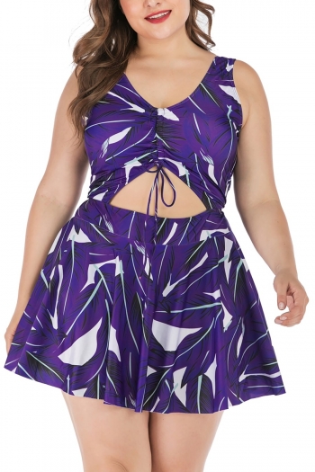xl-5xl plus size new leaf batch printing padded strappy hollow lace up stylish dress style one-piece swimsuit