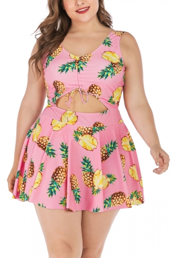 xl-5xl plus size new pineapple batch printing strappy hollow lace up panties lining spliced stylish dress style one-piece swimsuit