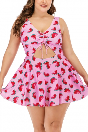 xl-5xl plus size new watermelon batch printing strappy hollow lace up panties lining spliced stylish dress style one-piece swimsuit