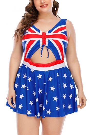 xl-5xl plus size new britain flag batch printing strappy hollow lace up panties lining spliced stylish dress style one-piece swimsuit