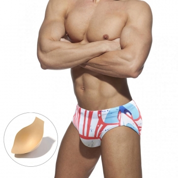 m-2xl men new contrast color stripe fixed printing crotch padded stylish beach swim trunks(without lining)