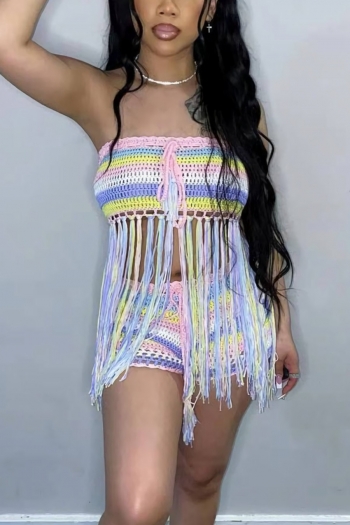 new multicolor stripe knitted slight stretch no chest pad tassel tied sexy beach shorts sets cover-ups