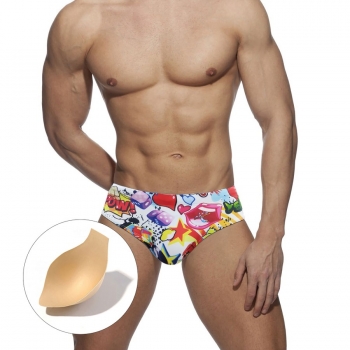 m-2xl men new cartoon graffiti batch printing crotch padded tie-waist stylish swim trunks(without lining)