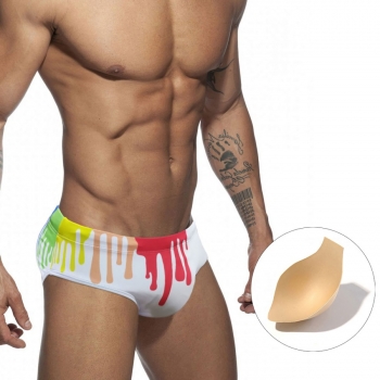 m-2xl men new 2 colors flow paint rainbow fixed printing stretch padded stylish triangle swim trunks(without lining)