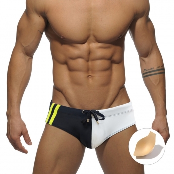 m-2xl men new 2 colors contrast color crotch padded tie-waist stylish beach swim trunks(without lining)
