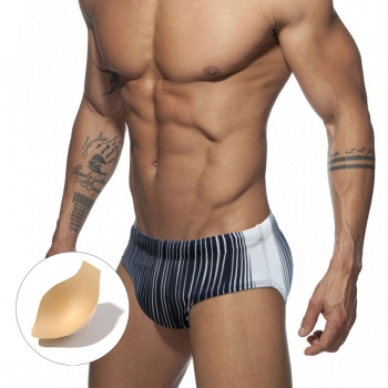 m-2xl men new contrast color stripe batch printing crotch padded stylish swim trunks(withou lining)