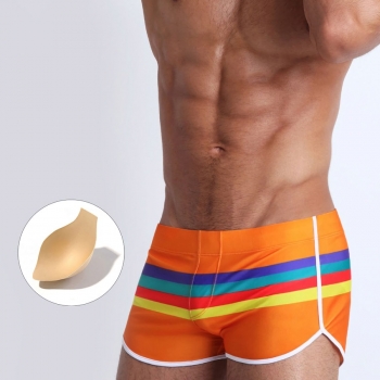 m-2xl men new 2 colors multicolor stripe fixed printing crotch padded stylish beach swim trunks(wtihout lining)