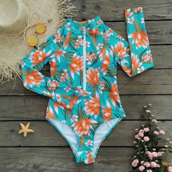 new flower batch printing removable padding zip-up long sleeves stylish surfing high quality one-piece swimwear