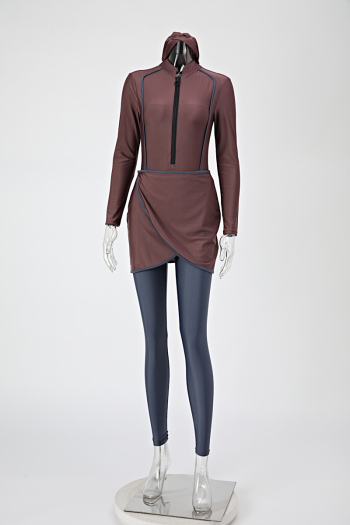 muslim style brown & gray stretch unpadded zip-up stylish convative high quality four-piece burkini