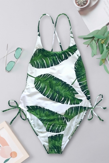 new leaf batch printing removable padding backless lace-up sexy one-piece swimwear