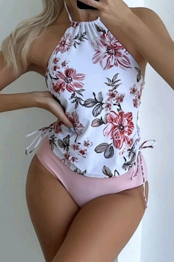 new flower batch printing removable padding halter-neck lace-up sexy two-piece tankini